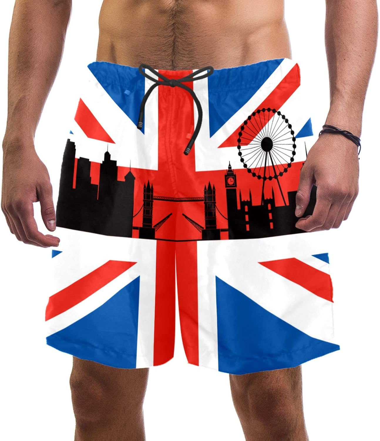 Abenily Men's Swim Trunks British Flag with London Cityscape Board
