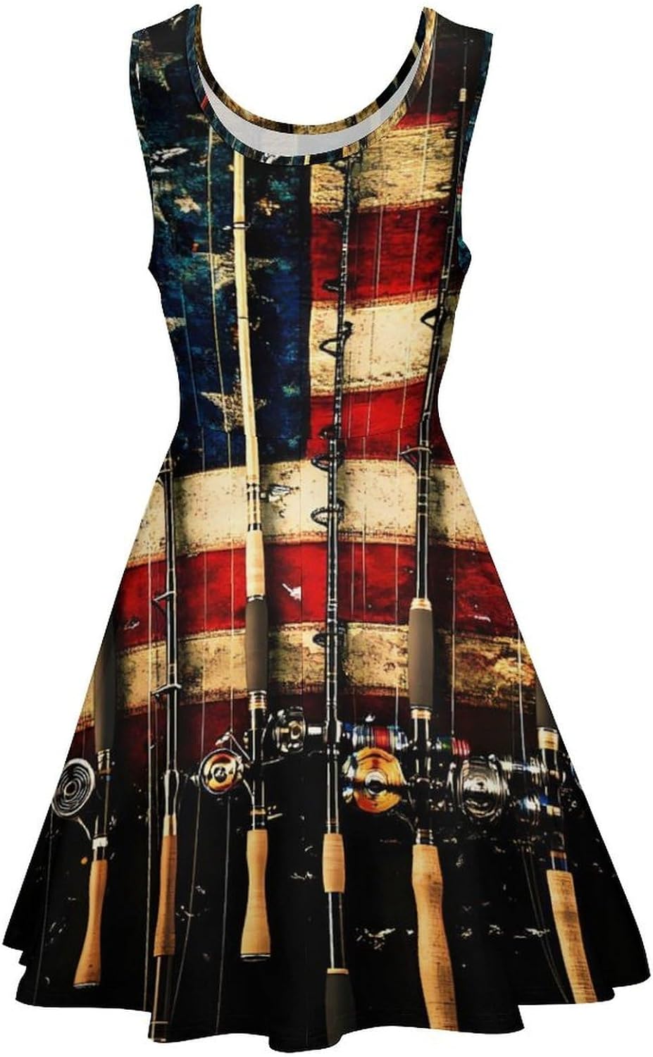 USA Flag Fishing Rod Women's Dresses Round Neck Dress Sleeveless Tank Dress Ruffle Hem Sundress