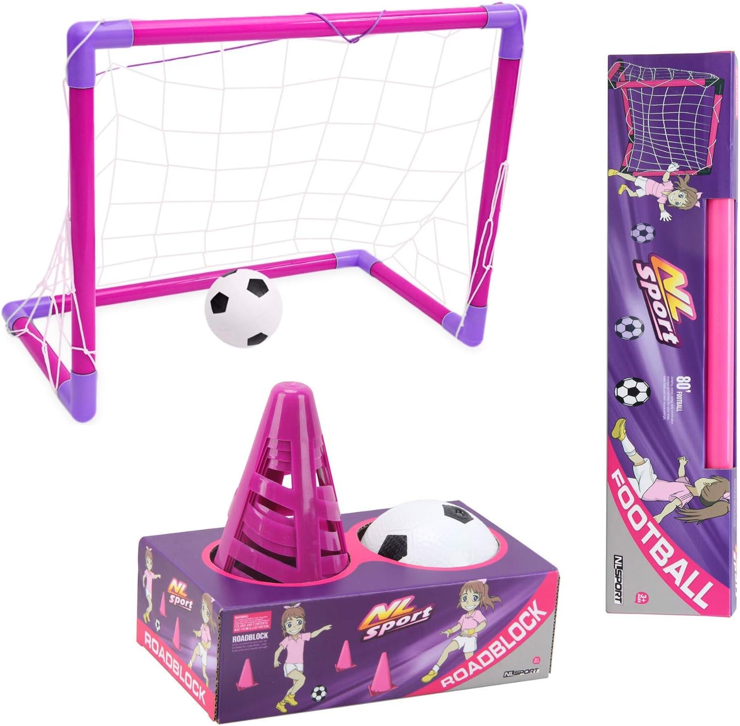 Quickdraw Girls Pink Football Soccer Training Set - 4 Cones - Goal 80 x 60cm & Mini Skills Ball