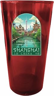 R and R Imports Shanghai China Old Town Design Souvenir Plastic 16 oz pint Red 4-Pack