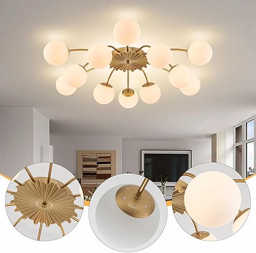 Miniatura 3 de Luces de techo semiempotradas Sputnik de cristal de burbujas de 12 luces, 38.1 pulgadas, con forma de bola de burbuja, de latón de mediados de