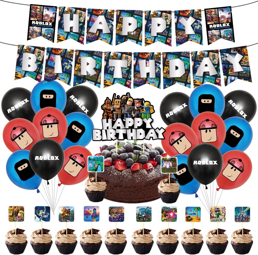 Roblox Birthday Party Decorations Supplies: Banner, Balloons, Ribbon, Cake Toppers, Cupcake Toppers, Cake Decorations