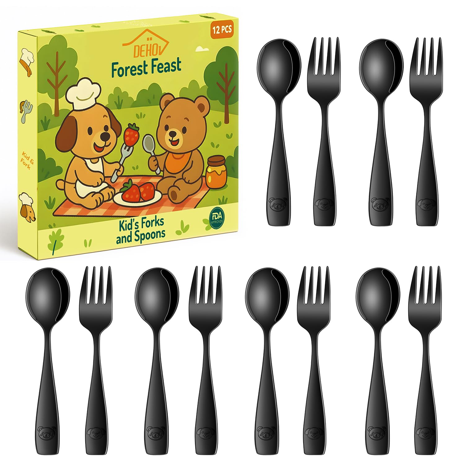 DEHOV Black Toddler Eating Utensils Set,Set of 12 Food Grade Stainless Steel Silverware Sets for Kids,Dishwasher Safe Children Small Metal Spoons and Forks Flatware Sets