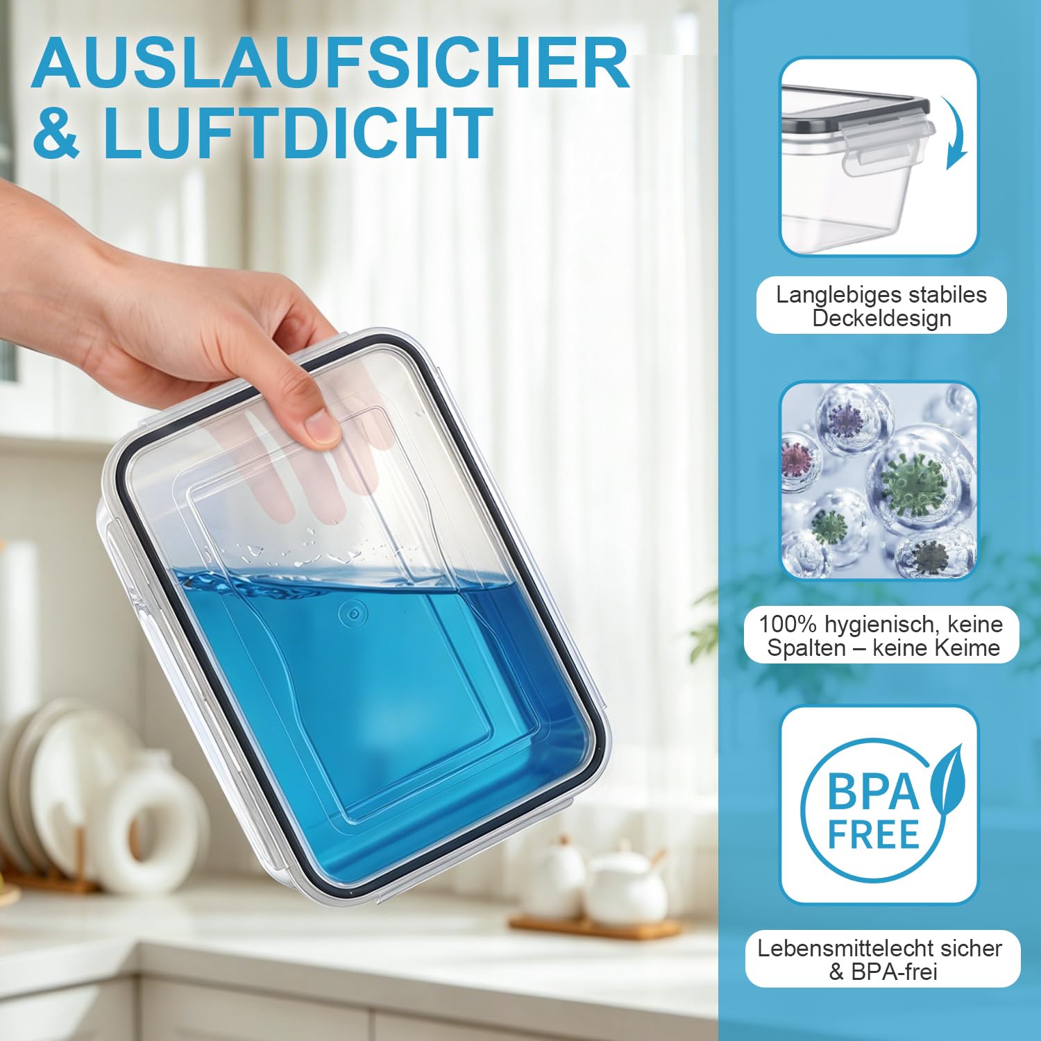 Hotec Set di contenitori salvafreschezza con coperchio, 10 x 1 l, clip & close, Meal Prep, 100% di densità, lavabili in lavastoviglie, congelatore, forno a microonde, congelatore e cucina