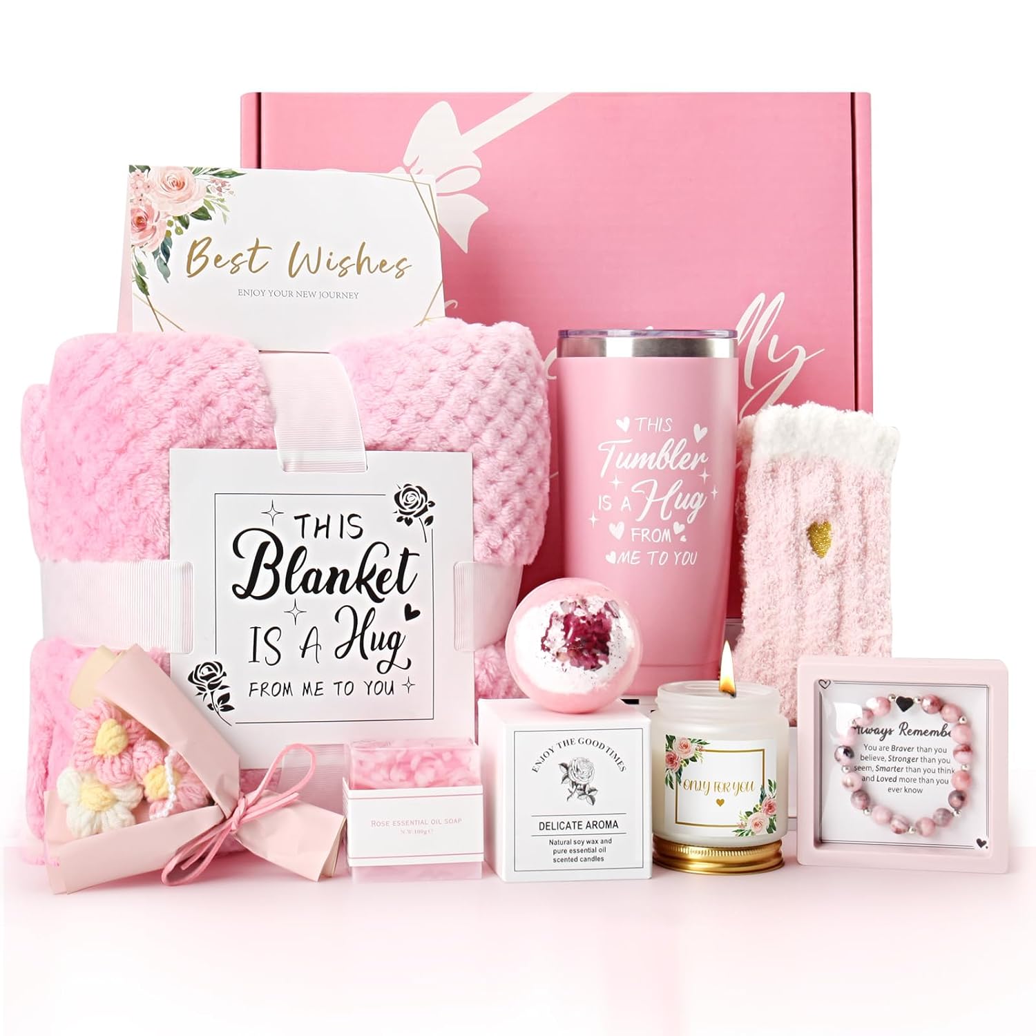 Birthday Gifts for Women, Mom, Wife, Girlfriend,Self Care Gifts for Women,Rose Relaxing Spa Gifts Basket,10Pcs Get Well Soon Care Package with Luxury Flannel Blanket,Mother’s Day Gifts Wedding Gifts