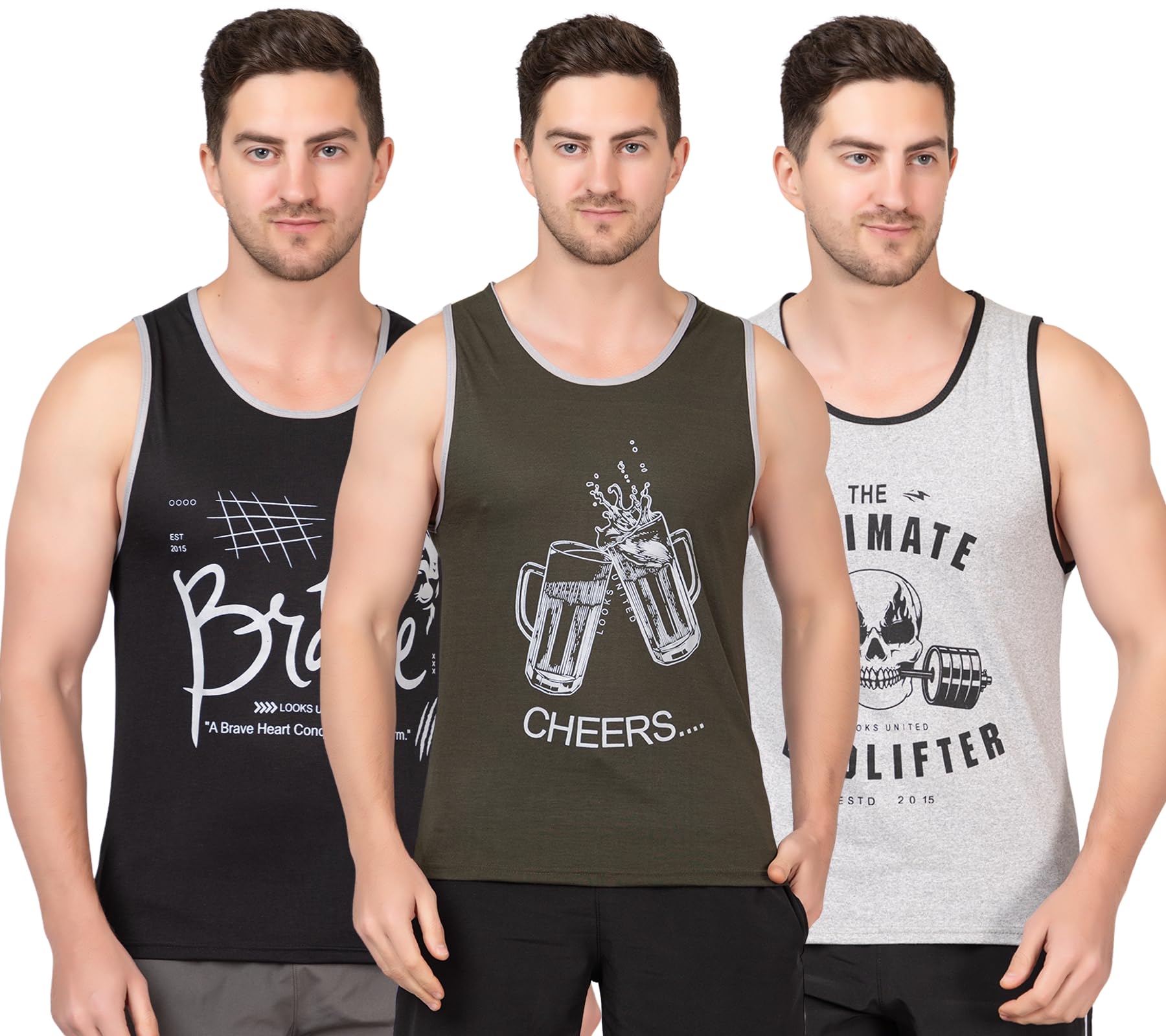 looks united Mens Round Neck Printed Gym Vest Premium Super Soft Cotton Pack of 3-picture-35