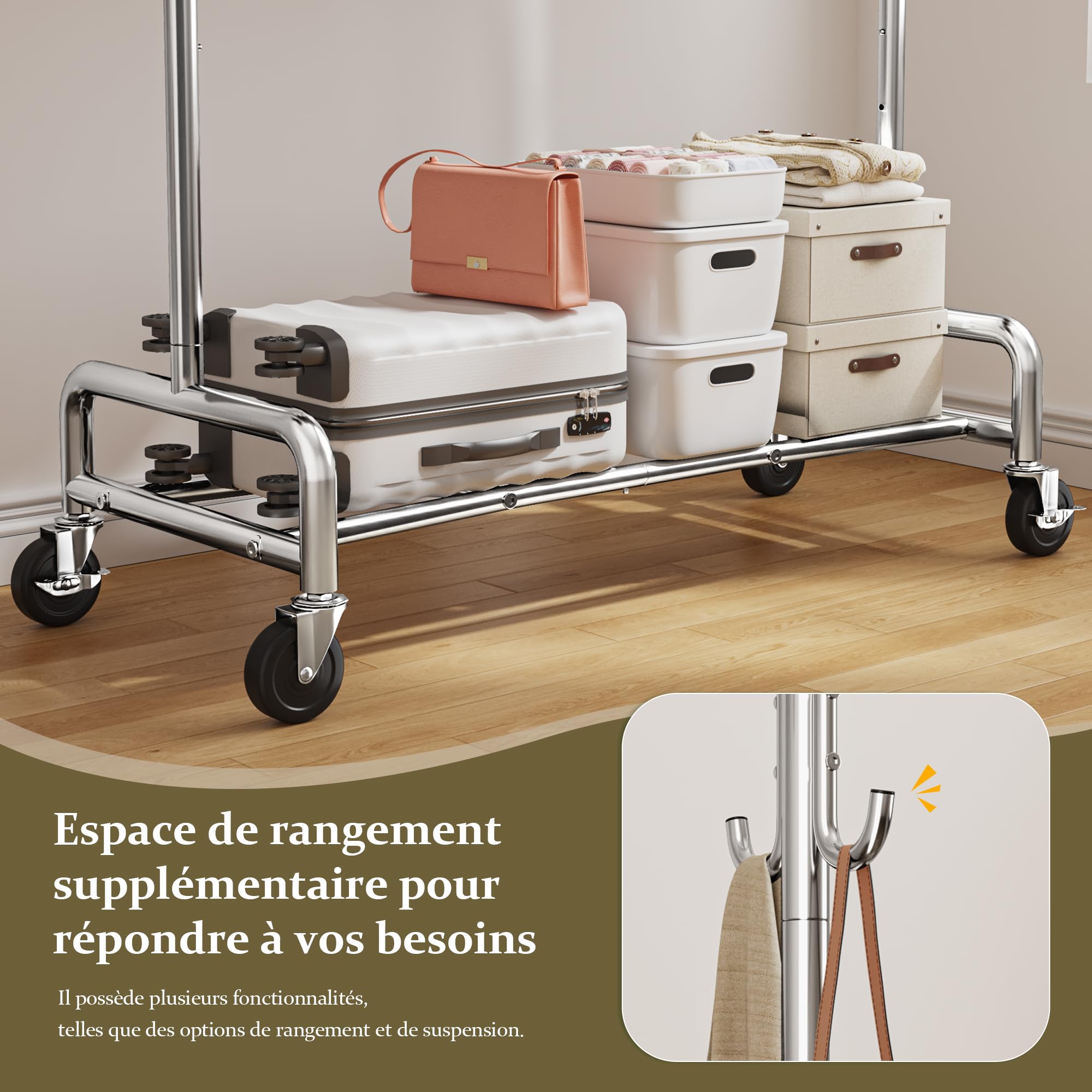 131–189cm Extensible Portant Vetement Solide à Roulettes, Argenté | 140KG Capacité de Charge, 146-170cm réglable en hauteur, Portant a Vetements Convient pour Manteaux,Vestes d'hiver,Chemises