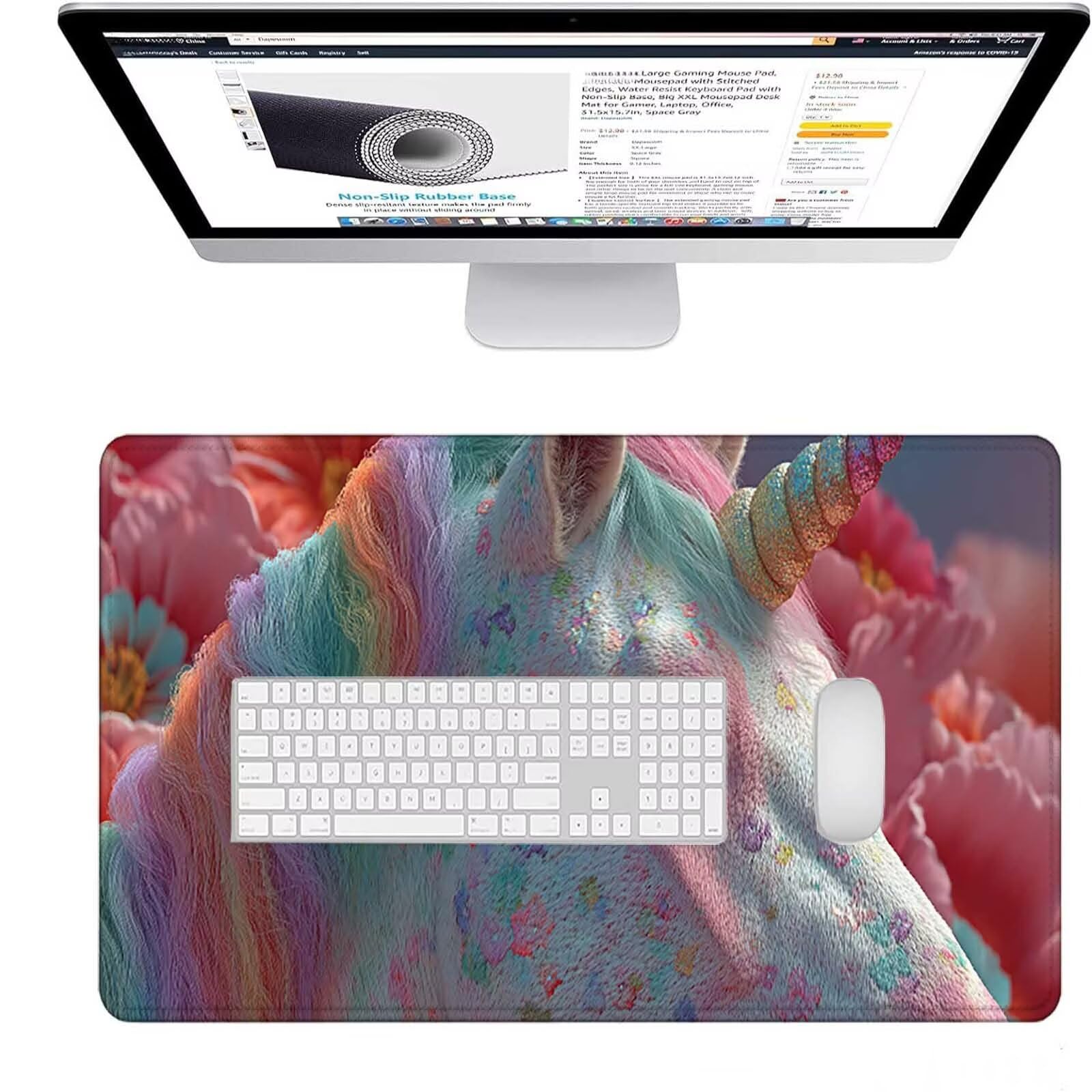 Różowa podkładka pod mysz 1500 x 800 x 3 mm duża podkładka pod mysz XXL jednorożec pod ręką gracz na biurko, szyte krawędzie, antypoślizgowa gumowa podkładka pod mysz do komputera, komputera