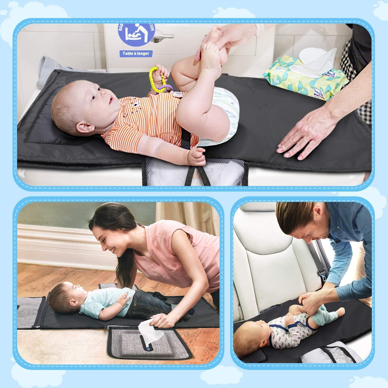 Matelas à langer portable et imperméable XL - Ce matelas à langer est un sac amovible composé de 6 poches avec un distributeur de lingettes et un coussin confortable pour la tête de bébé.