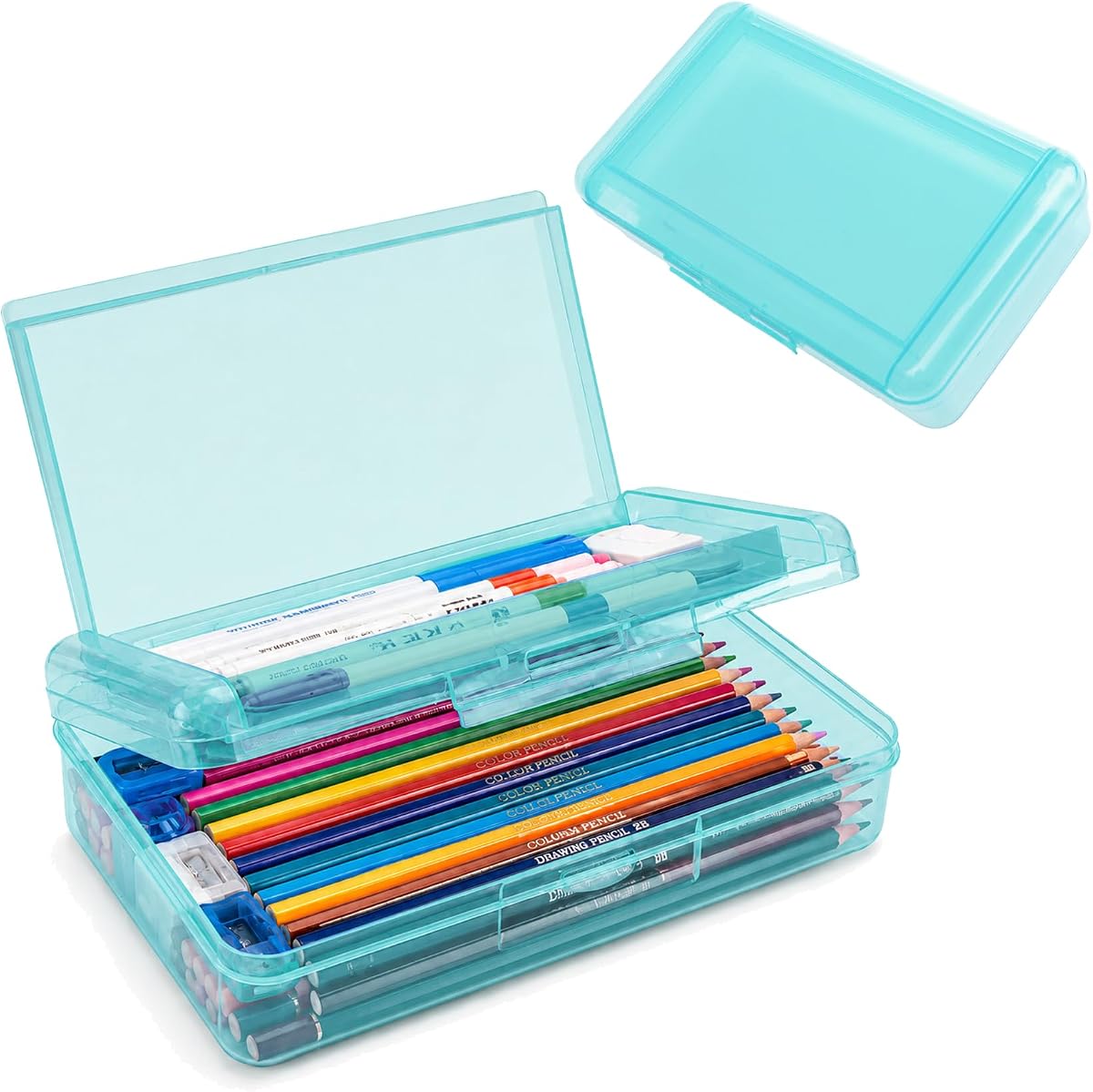 Caja de lápices, estuche de doble capa de gran capacidad, 1 estuche rígido, caja de lápices transparente con tapa hermética, caja de almacenamiento de plástico, organizador de marcadores artísticos para suministros escolares de oficina, azul claro