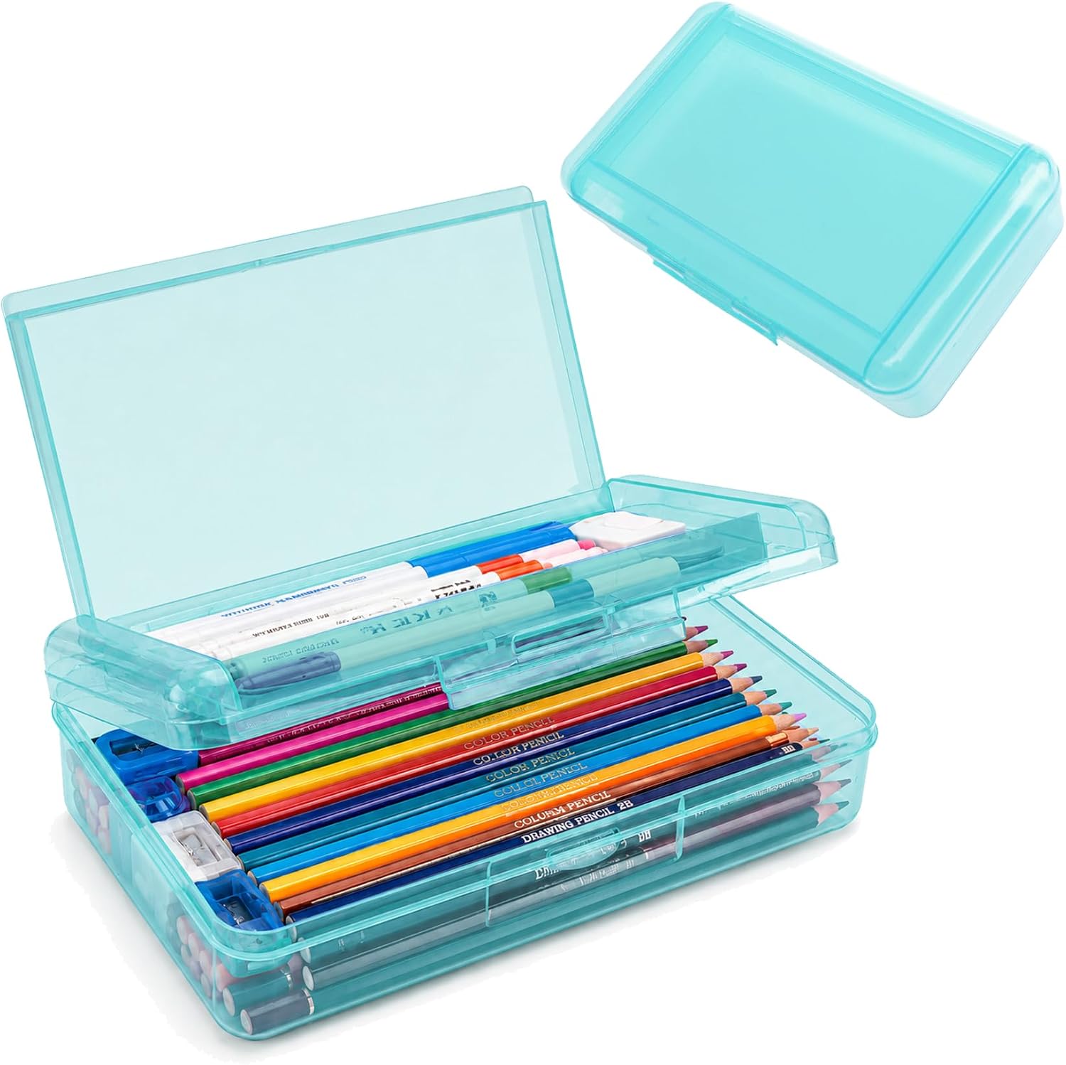 Pencil Box, Large Capacity Double Layer Pencil Case, 1 PCS Hard Pencil Case, Clear Crayon Box with Snap-tight Lid, Plastic Storage Box Art Craft Marker Organizer for Office School Supplies, Light Blue
