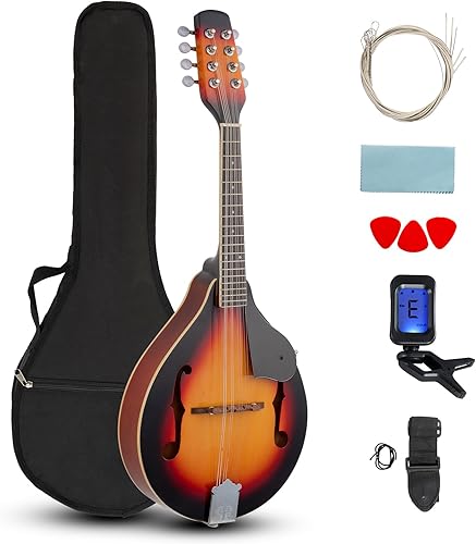 Ktaxon A Style - Kit de instrumentos de mandolina de 8 cuerdas, mandolinas musicales de madera de caoba acústica con afinador, bolsa de concierto