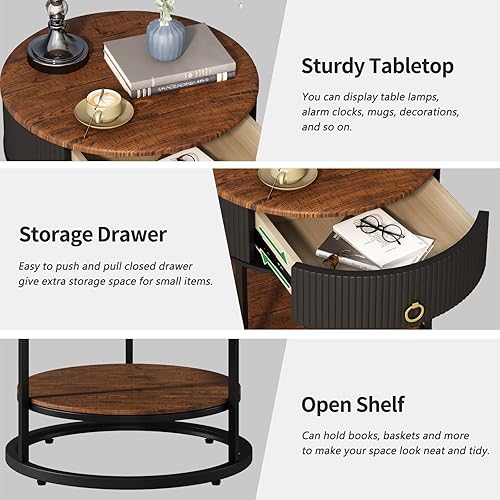Miniatura 7 de OIOG - Mesa auxiliar redonda con cajón, mesa auxiliar moderna de madera con estante, mesa de noche de 2 niveles con cajón para sala de estar,