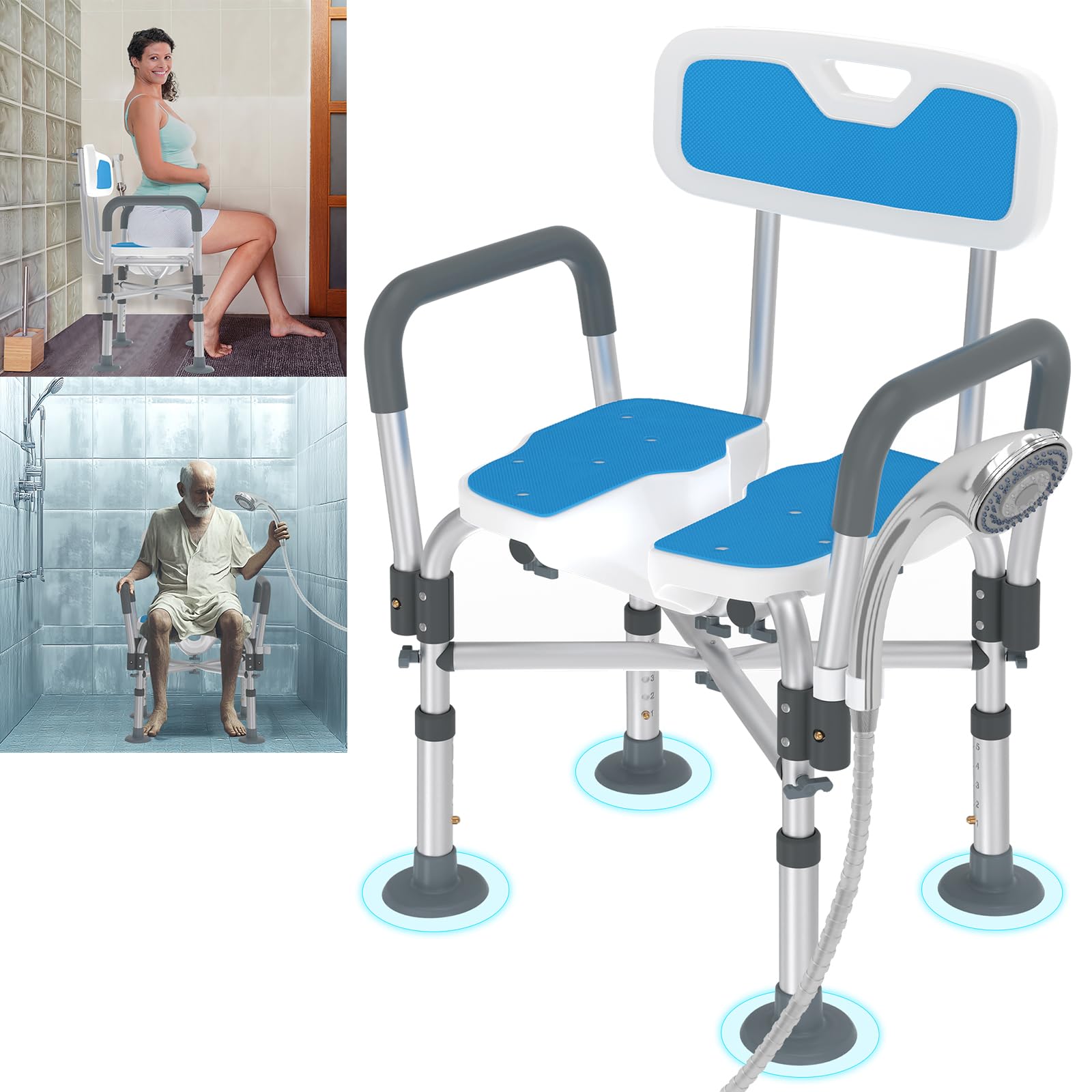LARS360 Sgabello da Doccia per Anziani, Sgabello Regolabile in Altezza, Sedile da Doccia con Foro Igienico, Schienale e Braccioli, Sgabello Antiscivolo, Capacità Max 200KG