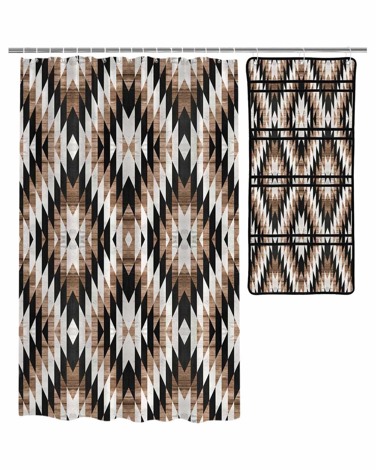 TocaHome Decorative Shower Curtain Sets Boho Polyester Fabric Waterproof Bath Shower Curtains Farmhouse Morocco Texture Brown Mesh Shower