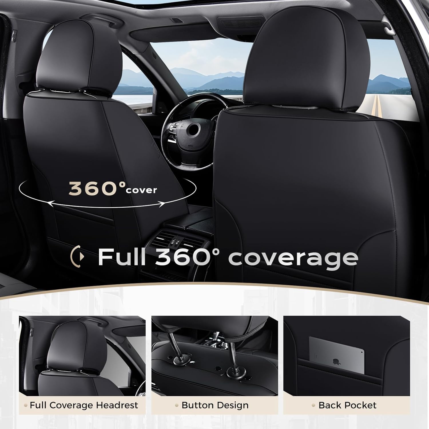 Coverado Car Seat Covers with Lumbar Support, Front Covers for Cars, Universal Automotive Seat Cover, Waterproof, Leather Car Seat Cushion, Interior Seat Protectors for Most Cars
