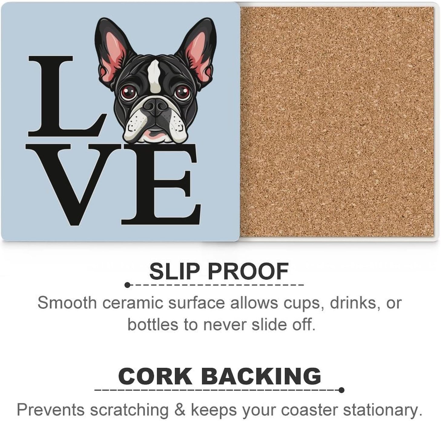 I Love Boston Terriers Coaster for Drinks Square Ceramic Table Coasters Stone Mat Crafts 4PCS Home Kitchen Decor