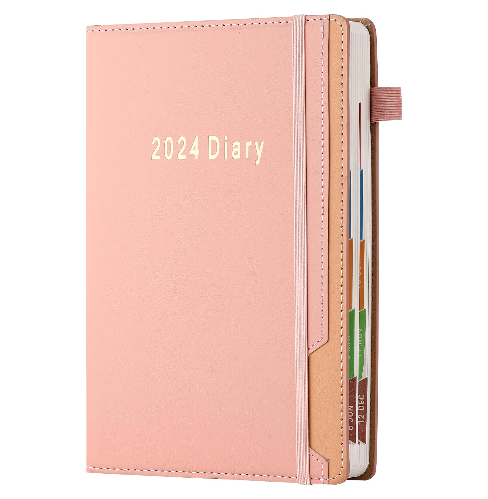 Mljtoyo 2024 Diary Planner A5 Day per Page,Organizer Weekly Monthly Planner 2024 with Monthly Tab,Hardcover Week to View Diary,Pen Holder,400Pages (A5, Pink)
