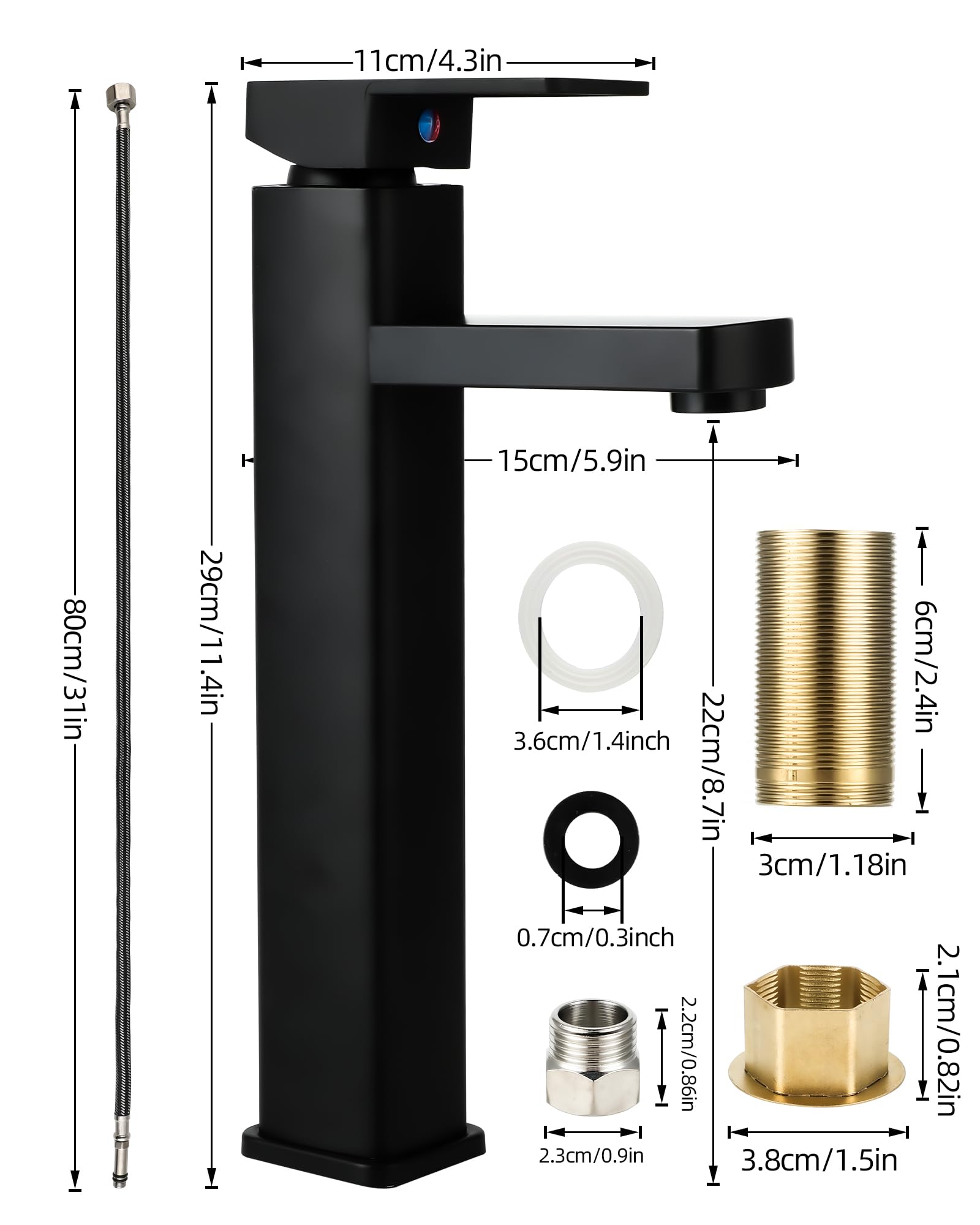 Bateria umywalkowa, wysoka, czarna, do łazienki, ze stali nierdzewnej, jednouchwytowa, z wysokością wylewki 200 mm, z wężem przyłączeniowym 80 cm, jednouchwytowa bateria do umywalki nasadowej, WC dla