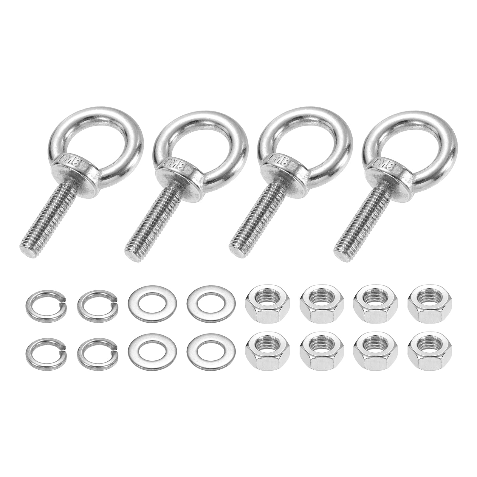 PATIKIL M8 x 30mm Eye Bolt, 4Pcs 304 Stainless Steel Thread Lifting Ring Set Shoulder Eyebolt with Lock Nuts Flat Washers for Hanging Hammocks Articles, Silver