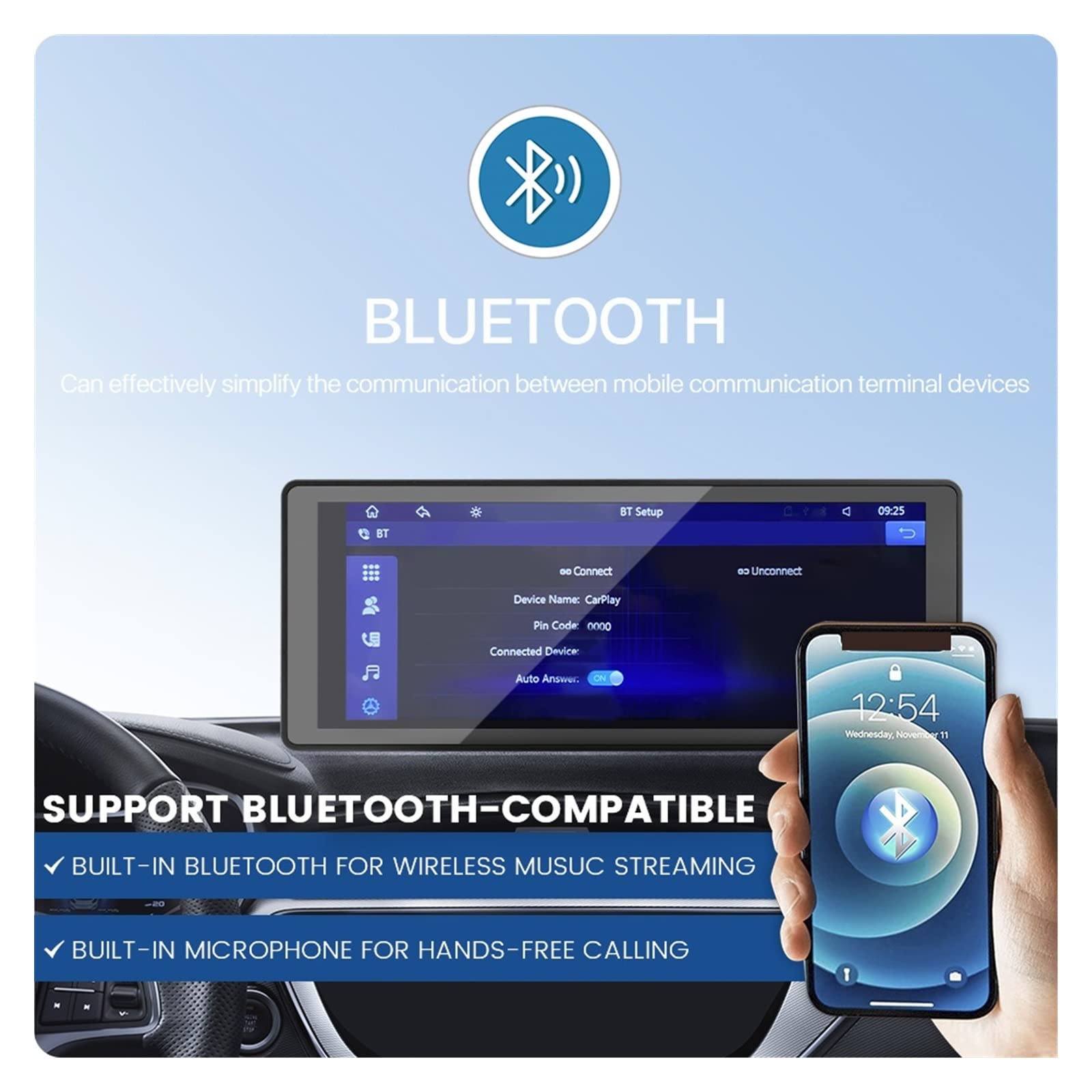 Cámara de Tablero, 9 '' IPS Carplay inalámbrico Auto Full HD Pantalla táctil Monitor portátil Radio de Coche Reproductor Video Multimedia(Only Monitor)