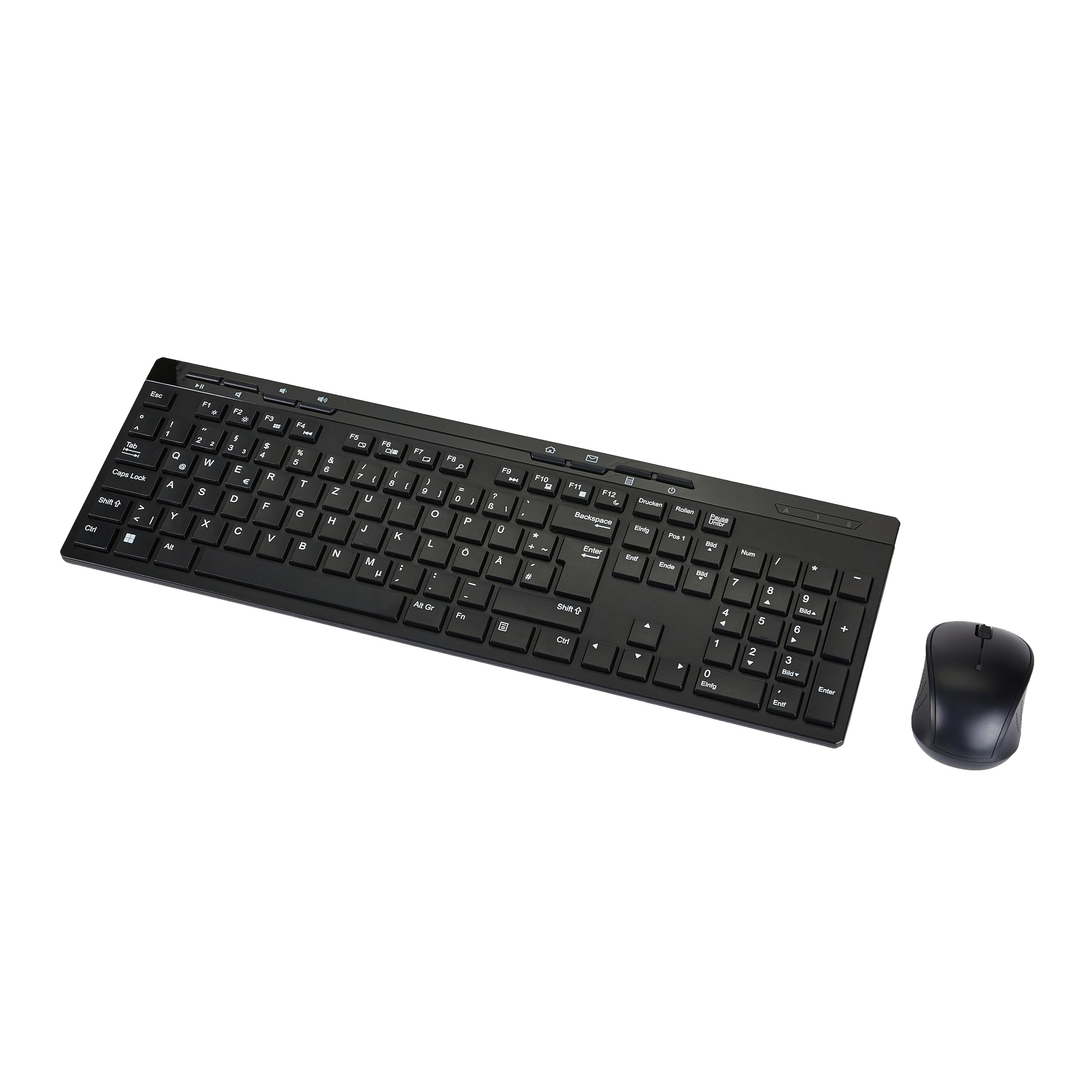 Amazon Basics – zestaw myszy z pełnowymiarową klawiaturą, bezprzewodowe, odbiornik USB 2,4 GHz, układ DE, kolor czarny.
