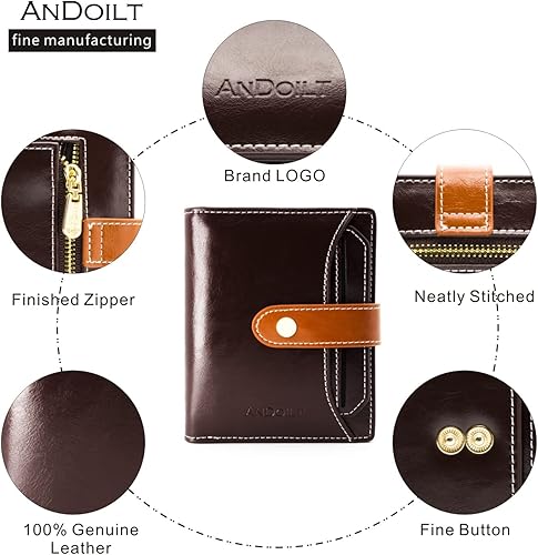 Miniatura 5 de ANDOILT Billeteras para mujer, de piel auténtica, pequeña, plegable, con bloqueo RFID, con bolsillo para monedas, ventana de identificación, Cartera