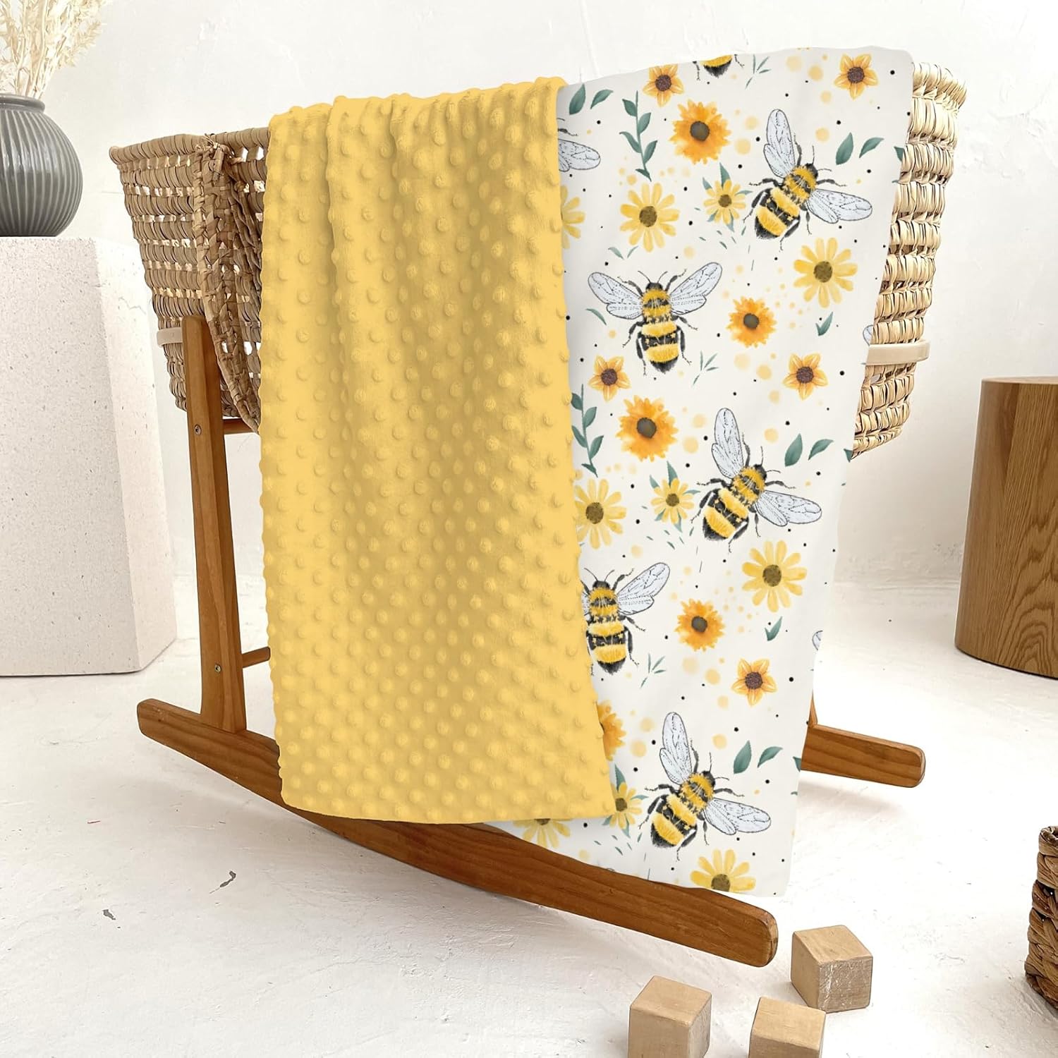 Boho Bees Sunflowers Baby Blankets for Girl Boy Watercolor Bee Yellow Floral Soft Mink Dotted Backing Double Layer Swaddle Blanket Spring Summer Bed Throws for Newborn Infant Toddler Nursery 30x40
