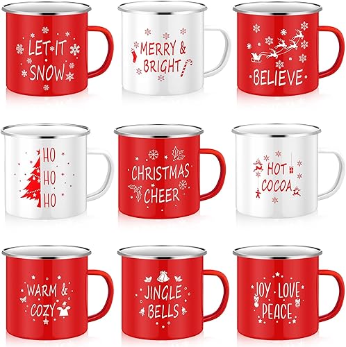 Miniatura 1 de 9 tazas de Navidad, tazas de café esmaltadas para vacaciones de invierno con citas, 12 onzas, tazas de Navidad de temporada, tazas blancas y rojas,