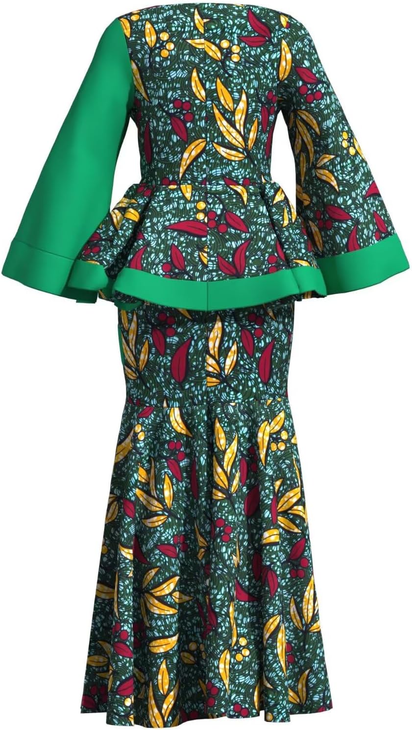 ABCWAX Women African Wax Print Two Piece Outfits Set Elegant African Traditional Clothing Dashiki Top and Skirt