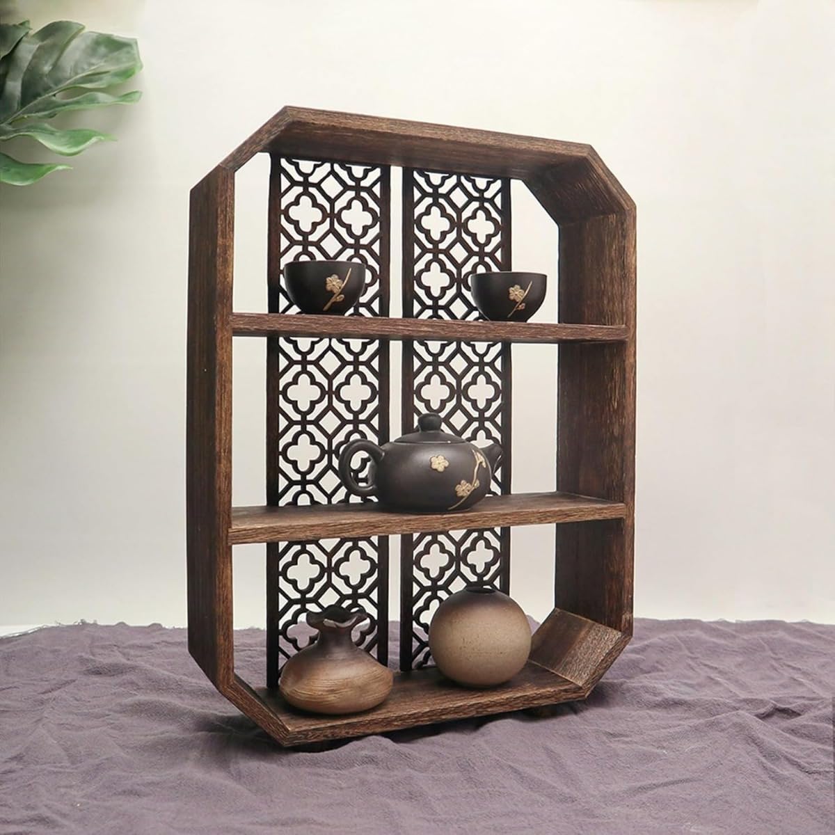 Amazon｜Conutoo 茶器収納棚 茶キャビネット 木製 透かし彫り 2段式 3