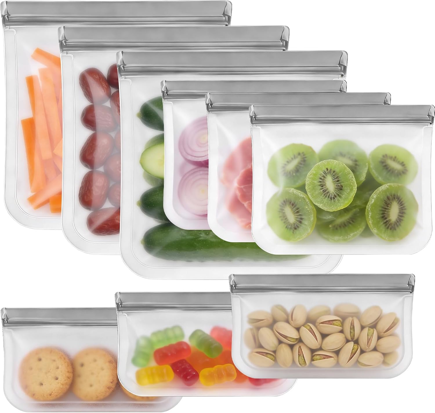 9 Pack Reusable Silicone Food Storage Bags – Freezer, Microwave & Dishwasher Safe Leakproof Reusable Zip Lock Bags, Freezer Storage Bags Sets – 3 Gallon 3 Snack 3 Sandwich Bags