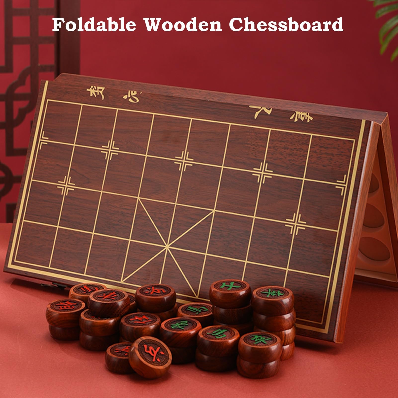 Juego de ajedrez Chino for 2 Jugadores, Xiangqi portátil con Tablero Plegable, Juego de Mesa de Estrategia(Beechwood,4.8cm/1.9in)