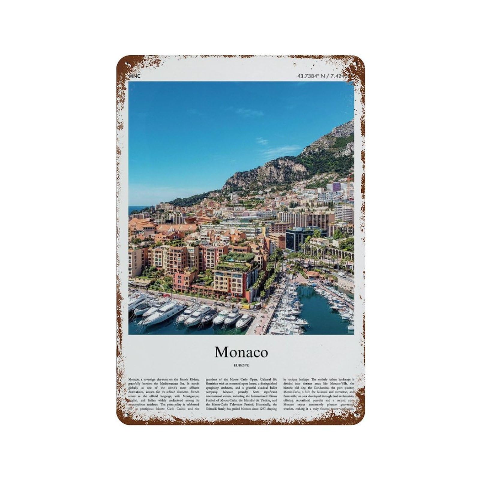 xiaoxiaoshen Monaco City Scenery Wall Decor Art Metal Tin Poster Modern Home Decor Art Home Bar Shop Decorations Vintage Sign 30x20cm