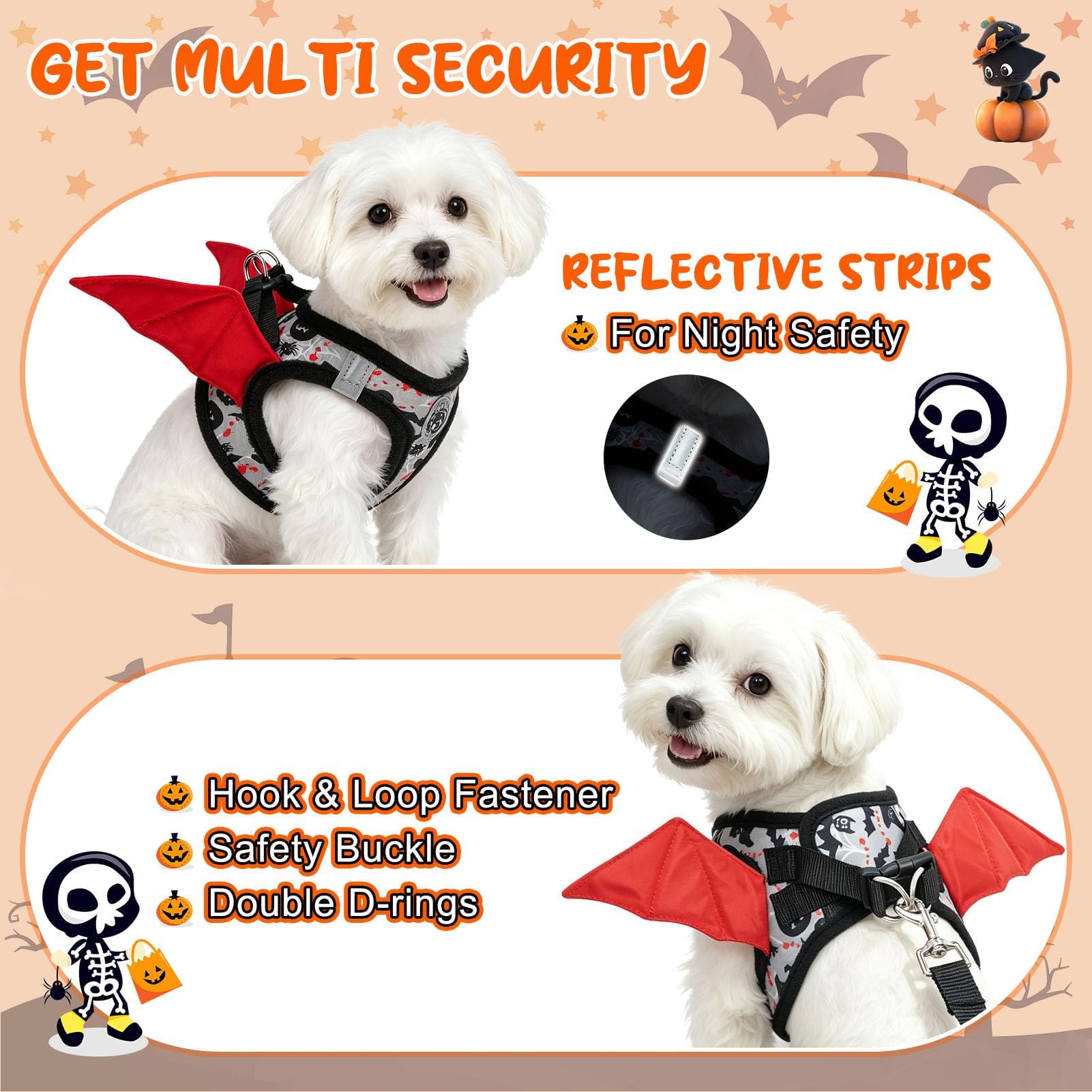 BEAUTYZOO - Juego de arnés y correa para perros pequeños, de malla suave, reflectante, antitirones y sin ahogo, para perros y gatos, Halloween gris, talla S