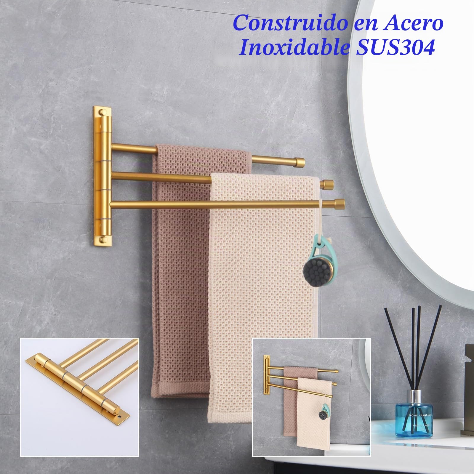 GERZWY Sus 304 - Toallero de Mano de Acero Inoxidable con 3 Barras, Brazo Plegable, Soporte Giratorio para Toallas de baño, Barra de Toalla giratoria, Montaje en Pared, Acabado Dorado