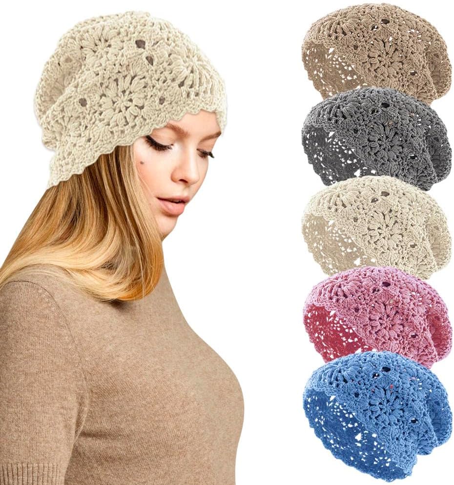 5Pcs Crochet Slouchy Beanie Hat Fall Handmade Knit Floral Skull Cap Lightweight Cotton Cutout Summer Hats for Women Girls
