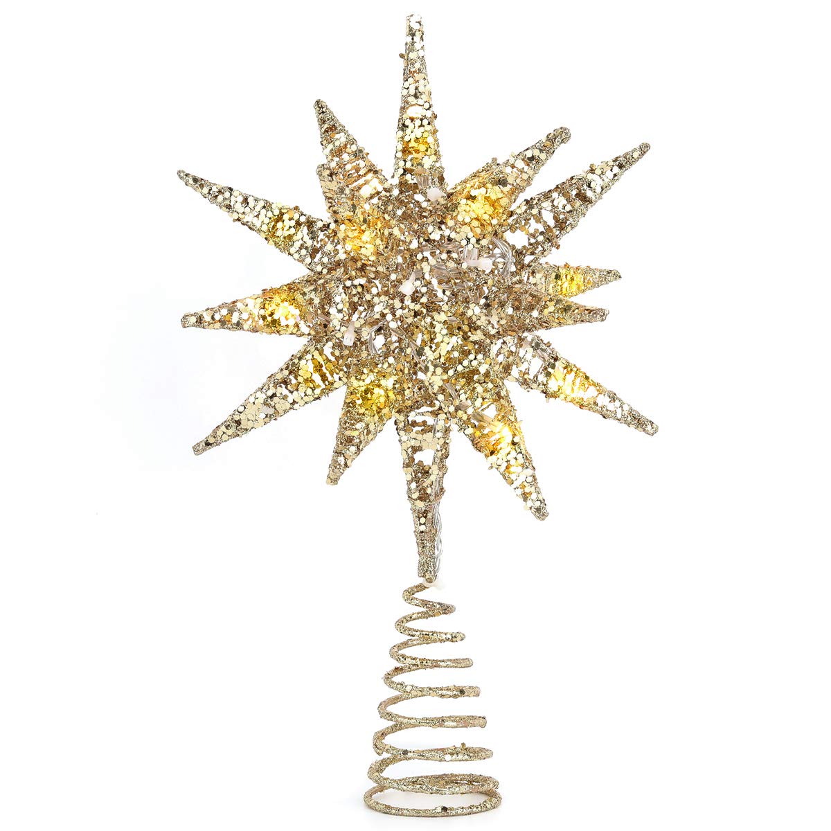 Luxspire Christmas Tree Topper, 3D Starburst Lighted Tree Topper, Plug in Christmas Star with Timer, Light Up Xmas Vintage/Modern Decorations for Holiday, Champagne Gold