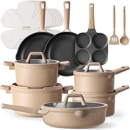 CAROTE 19pcs Nonstick Cookware Set, Pots and Pans Set Non Stick, kitchen Cooking Set, Premium Induction Cookware, Frying pan, Large Capacity Granite, Brown