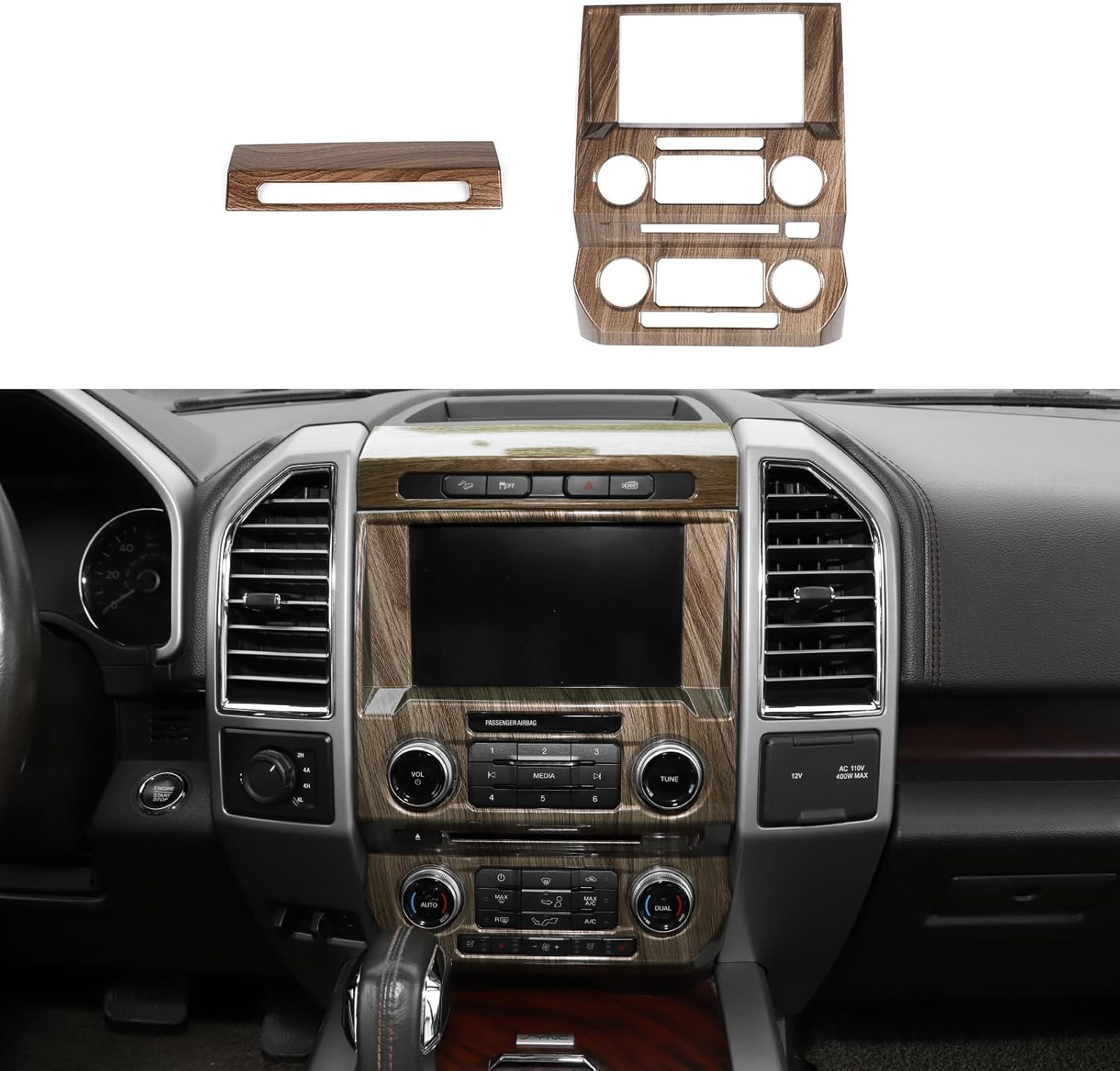 CheroCar Black Carbon Fiber Central Control Navigation & Emergency Light Control Panel Trim Cover Kit Fit for Ford F150 2015-2020 Hazard Light Switch & GPS Screen Surround Decorative Bezels