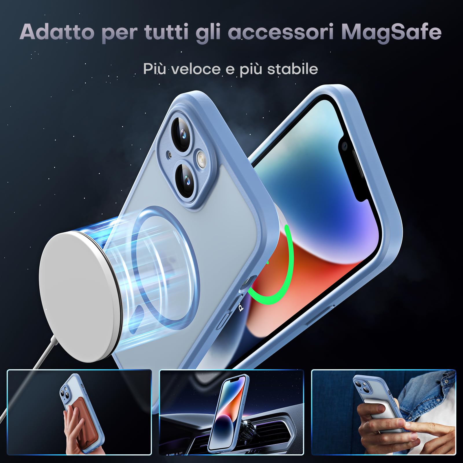 Cover Per IPhone 14 Con Mag-Safe - Custodia Traslucida Opaca Antigraffio, Anti-impronta, Far Peak Blu