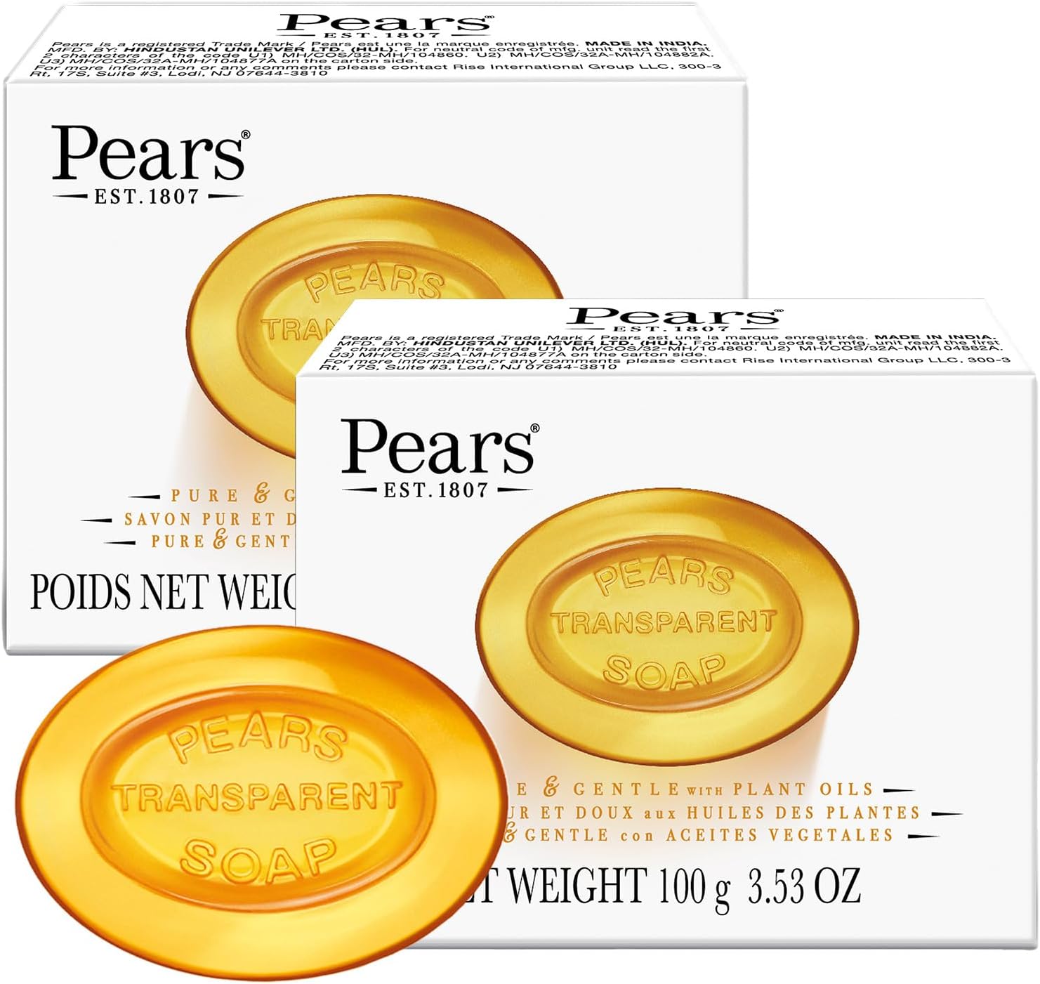 Pears Soap, Pure & Gentle with Natural Oils, 2-Pack – Transparent Amber Glycerin Soap for Pampered, Glowing Skin, 3.53 Oz Ea