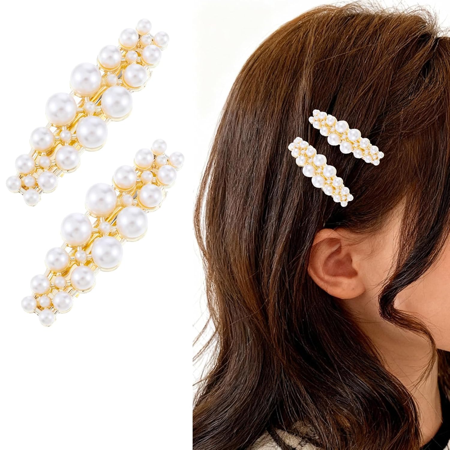 JIEYAO 2Pcs Small Pearl Hair Clips, Elegant French Hair Barrettes Elegant Barrette Wedding Brides Clips Accessories for Wedding Party Hair Barrettes Women Party Daily Use