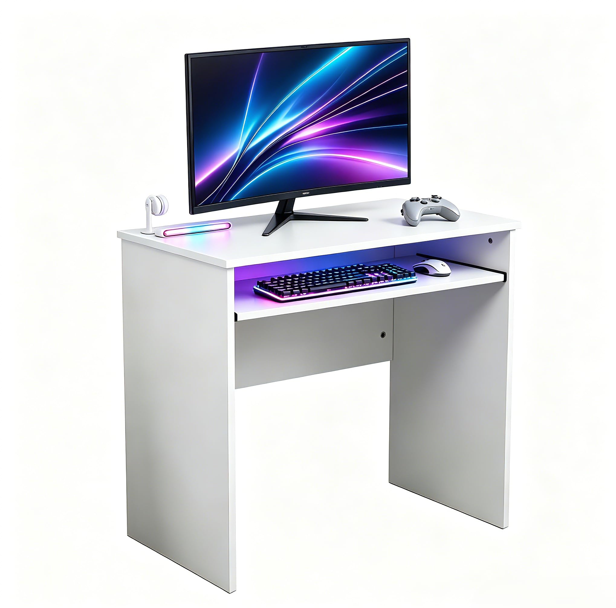 FUSIDE White Compact Computer Desk Small Writing Desk for Bedroom Home Office, Space-Saving Study Table with Pull-Out Keyboard Tray,Modern Style for Small Spaces Dorm Apartment,80x48x74cm