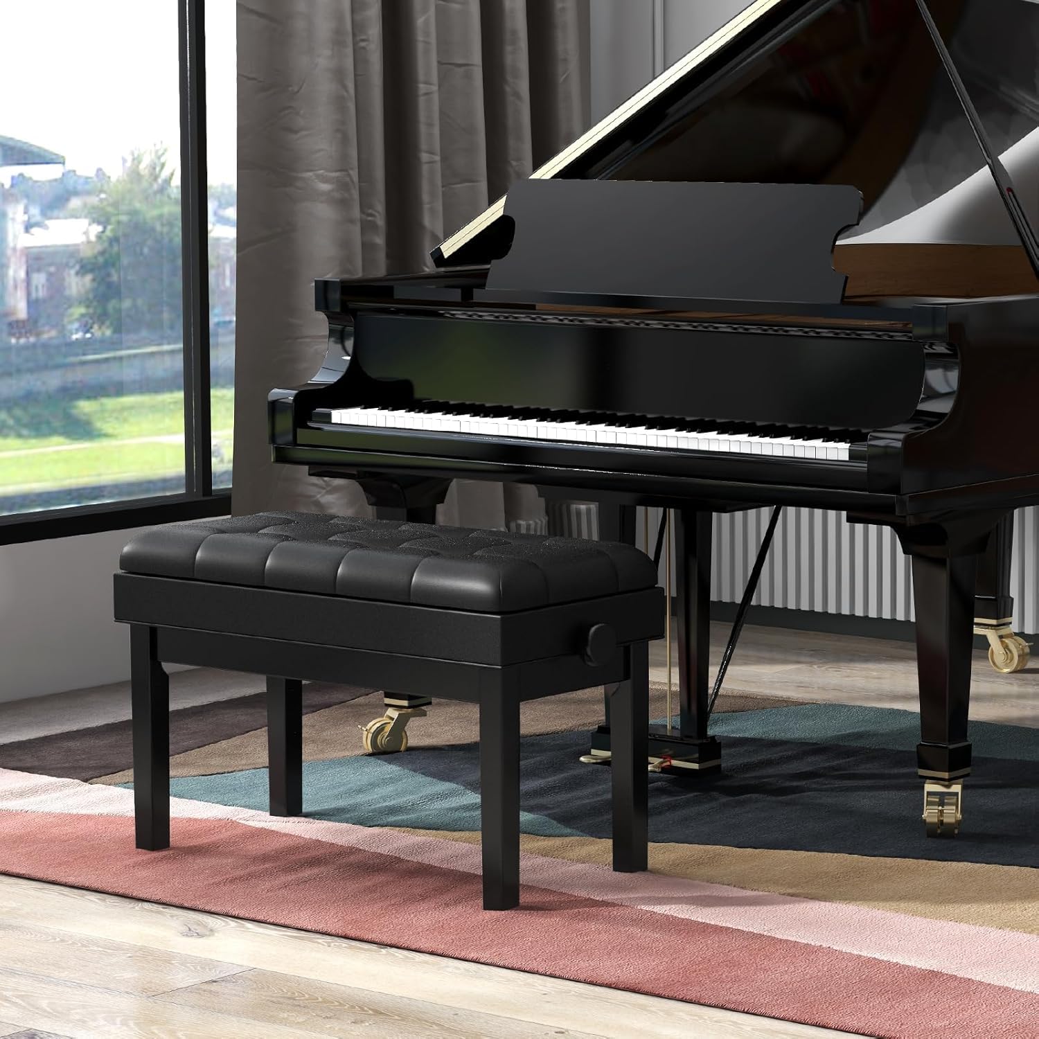 GIANTEX Banco para Piano con Altura Ajustable 48-58 cm, Banqueta Piano Tapizada para 2 Personas, Taburete con Espacio de Almacenamiento y Patas Antideslizantes, Negro