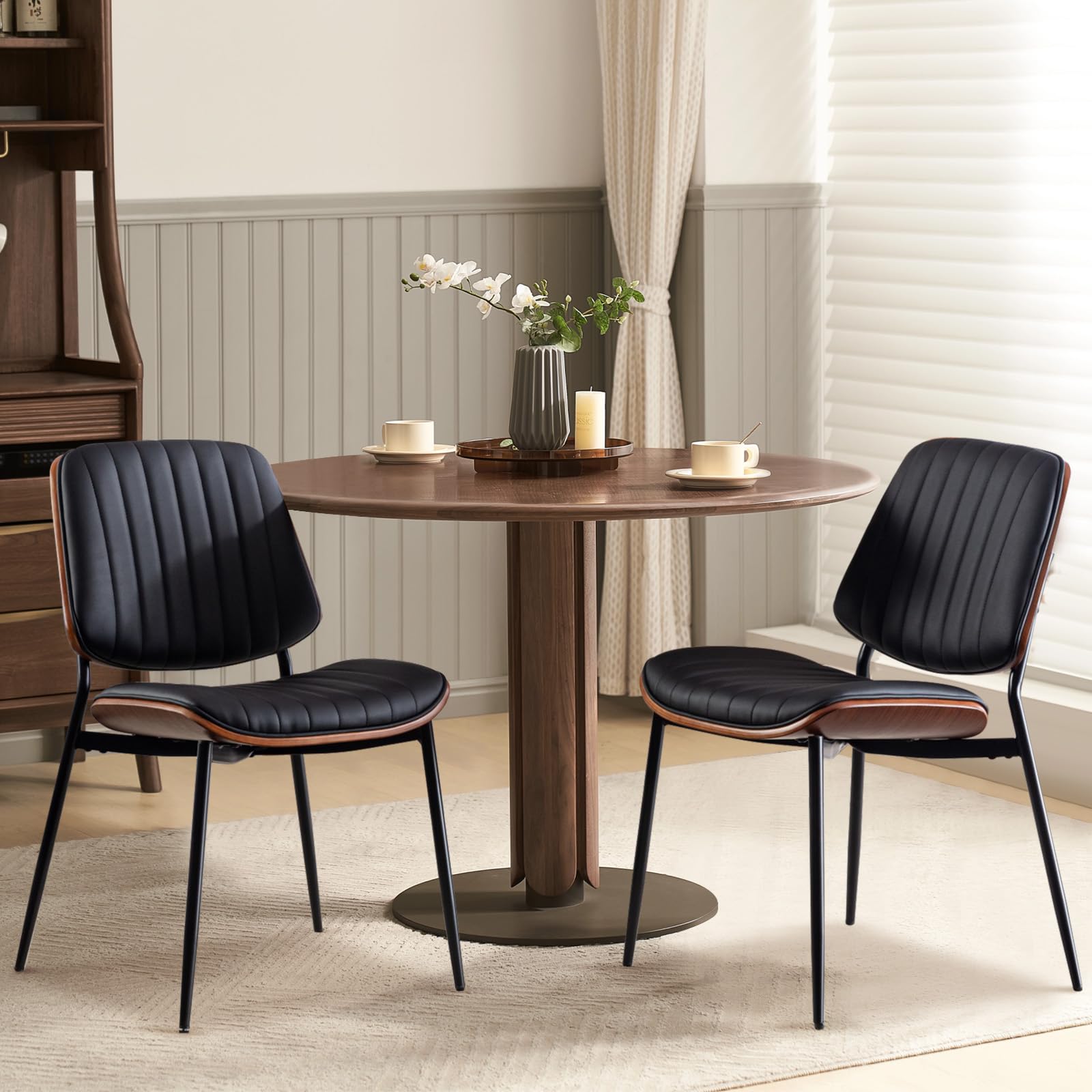 Dining Chairs Set of 2, Upholstered Mid-Century Modern Dining Room and Kitchen Chairs with Walnut Backrest,Retro Accent PU Leather Side Chairs with Metal Legs,Black