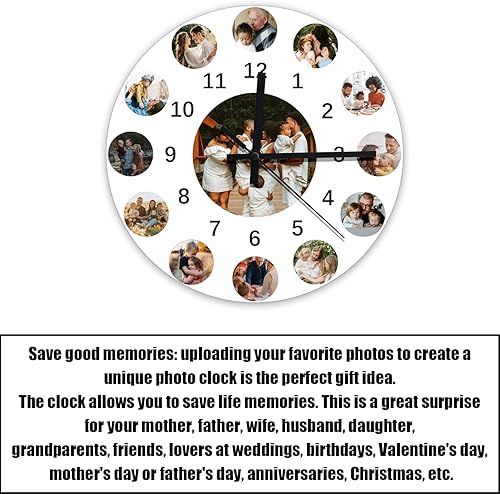 Miniatura 7 de WERWAES Reloj de pared personalizado con foto, de PVC, silencioso, sin tictac, para decoración de sala de estar, boda, para pareja (13 fotos, 12