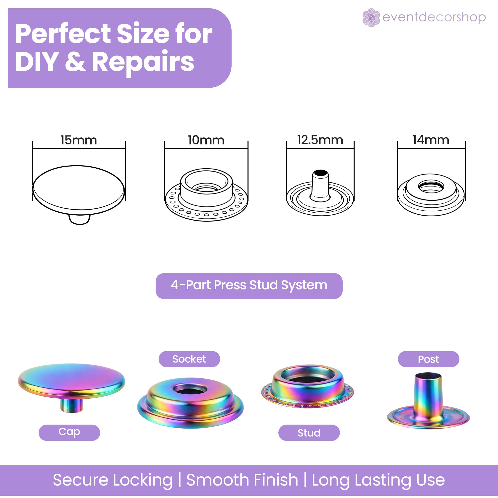 Event Decor Shop Lot de 100 boutons-pression en laiton robuste de 15 mm – 4 parties pour maroquinerie, couvertures marines, vestes, réparation de vêtements, tapisserie d'ameublement et bricolage