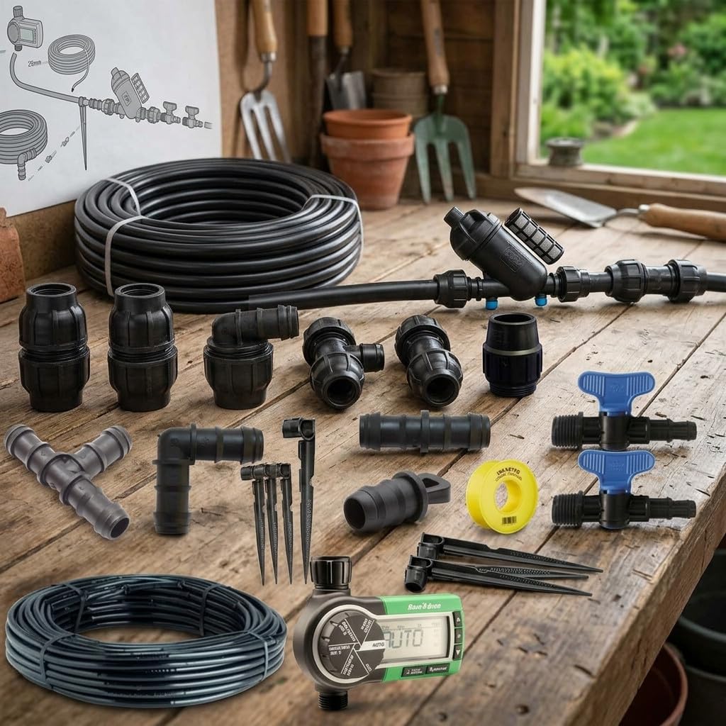 Suinga Pack Riego por Goteo para Jardin hasta 100 m² | Incluye Tuberia y Accesorios de Instalacion | Conexion a Grifo | Sistema Eficiente de Riego para Ahorro de Agua y Facil Uso en Jardin