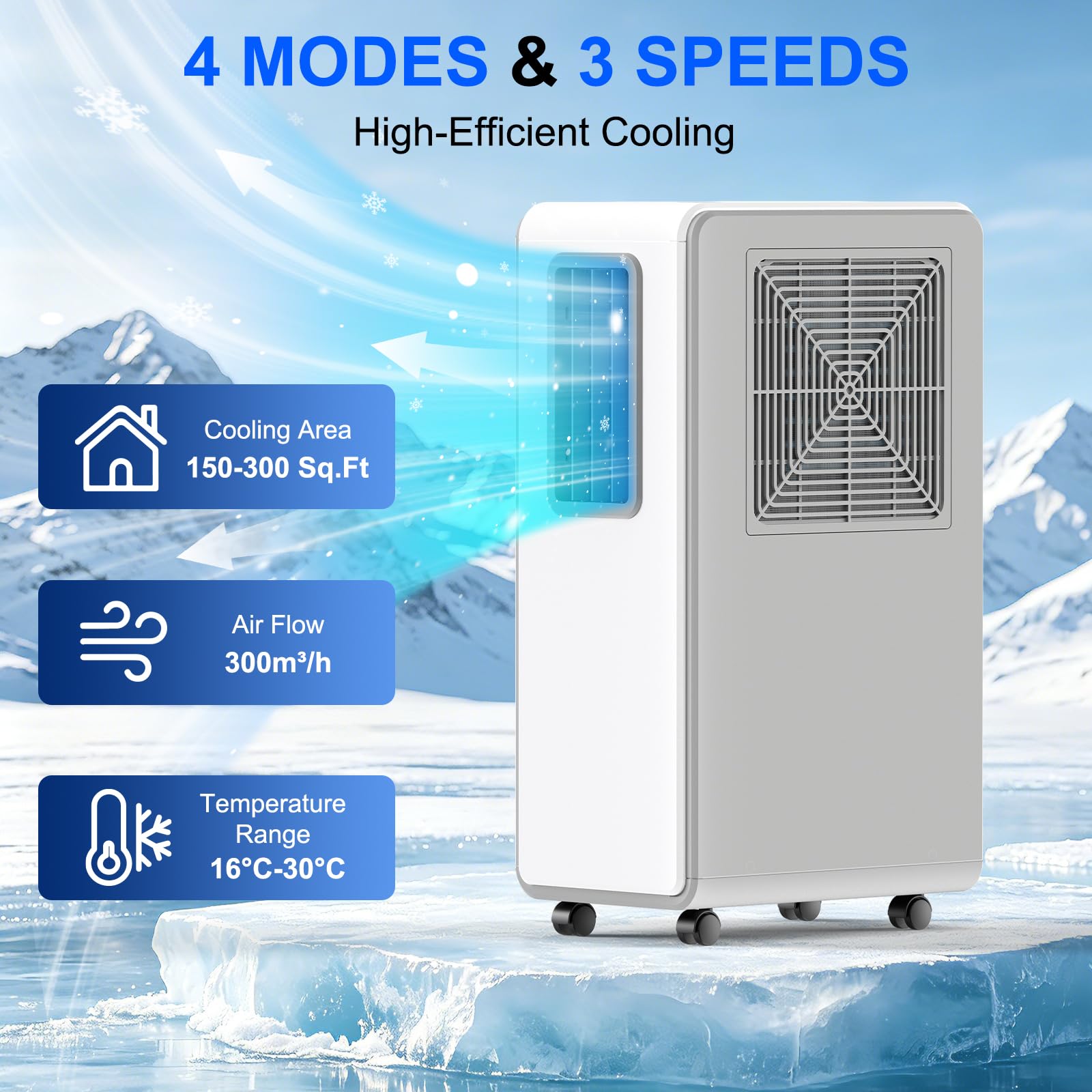 4-w-1 Przenośny klimatyzator z funkcjami chłodzenia, osuszania i wentylatora.Ultra Quiet Mobile AC Unit z 24H Timer do użytku domowego lub biurowego.